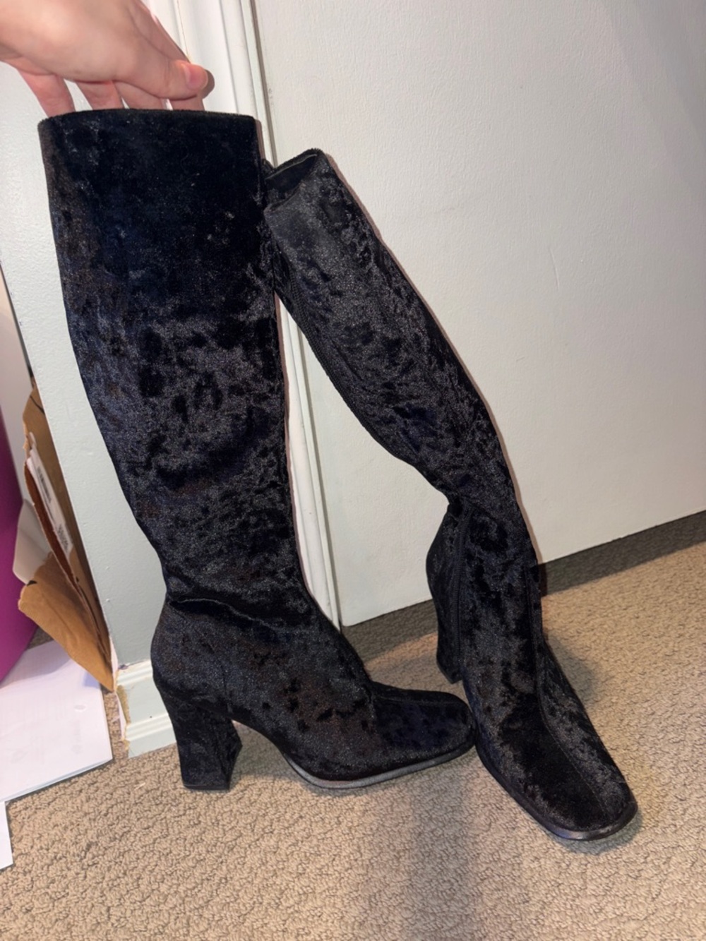 Black Velvet Knee High Boots